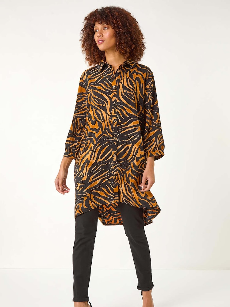 Roman Brown Animal Print V-Neck Longline Blouse - Image 1 of 5