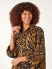 Roman Brown Animal Print V-Neck Longline Blouse - Image 4 of 5