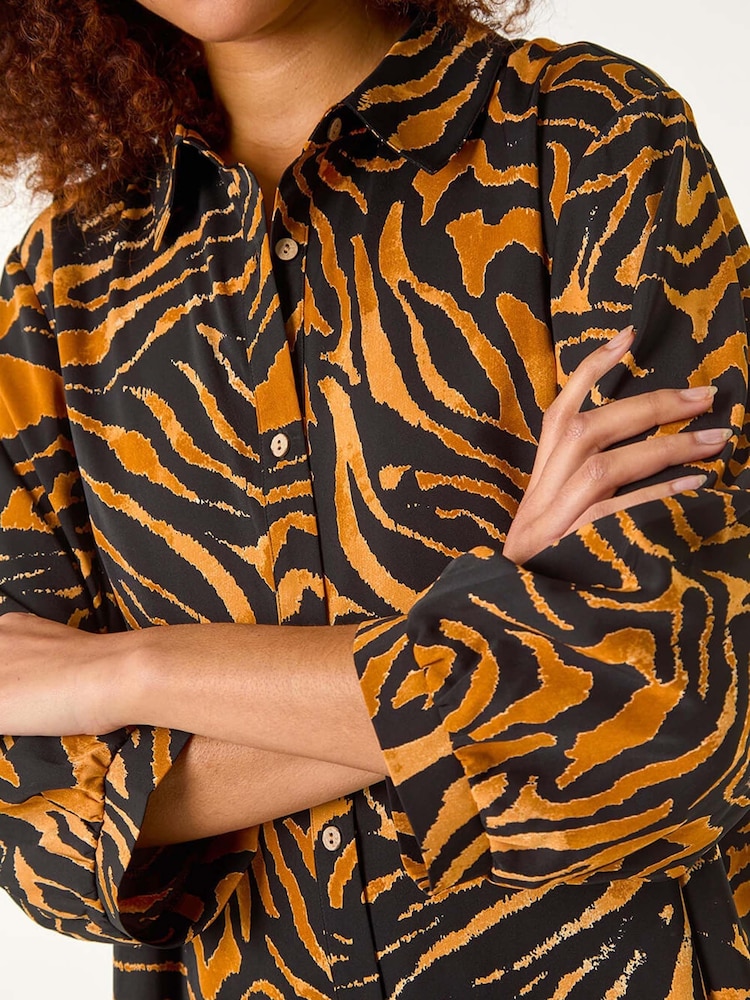 Roman Brown Animal Print V-Neck Longline Blouse - Image 5 of 5