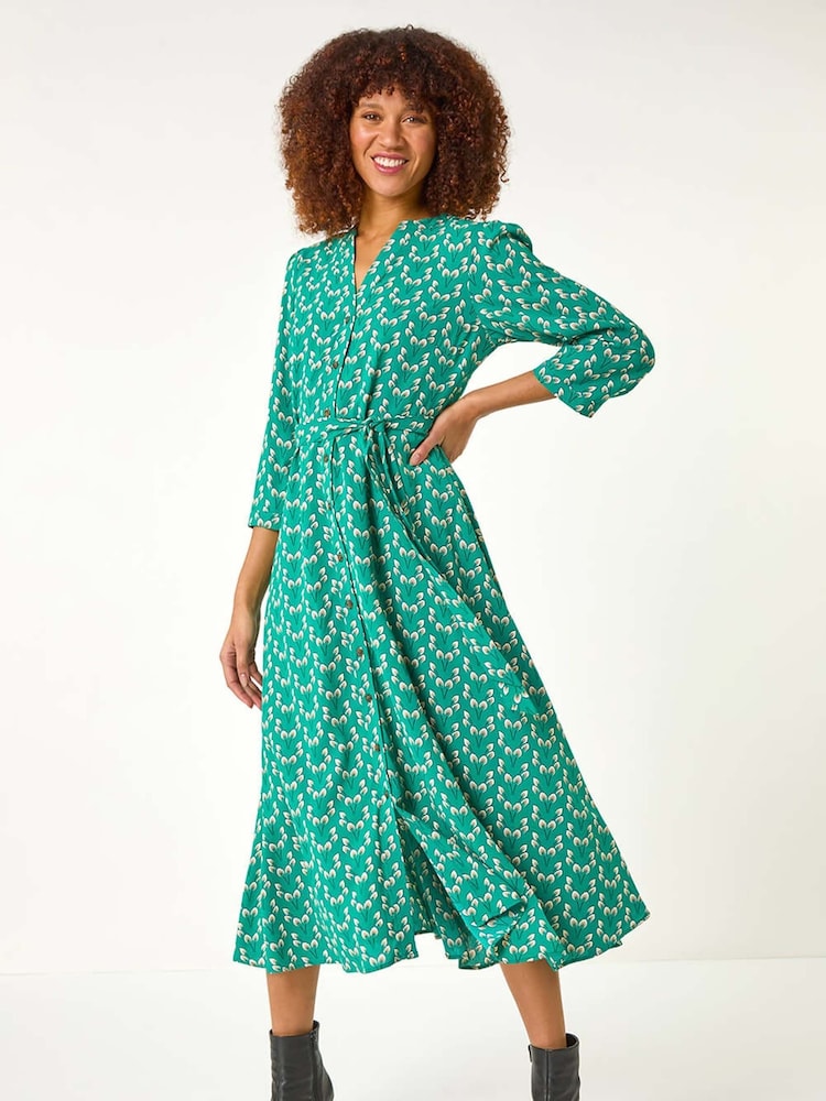 Roman Green Leaf Print Midi Shirt Dress - Image 2 of 5