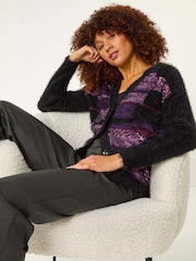 Roman Purple Colourblock Fluffy Knit Cardigan - Image 1 of 5