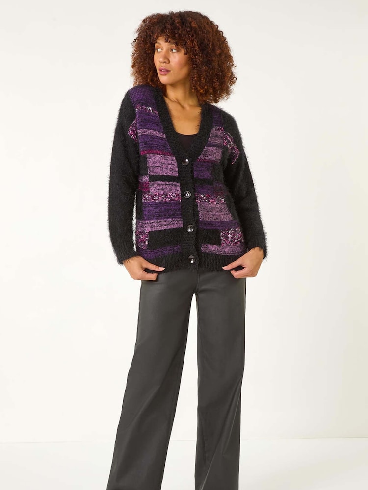 Roman Purple Colourblock Fluffy Knit Cardigan - Image 2 of 5