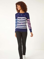 Roman Blue Stripe Heart Crew Neck Knit Jumper - Image 1 of 5