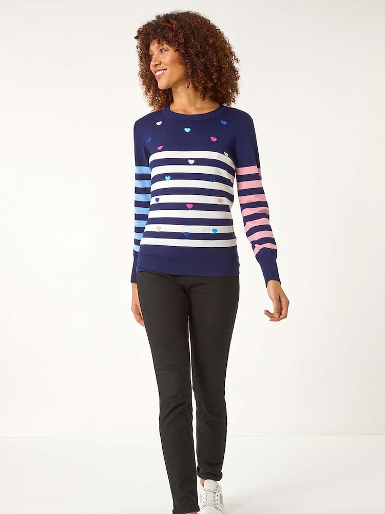 Roman Blue Stripe Heart Crew Neck Knit Jumper - Image 1 of 5