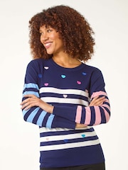 Roman Blue Stripe Heart Crew Neck Knit Jumper - Image 4 of 5
