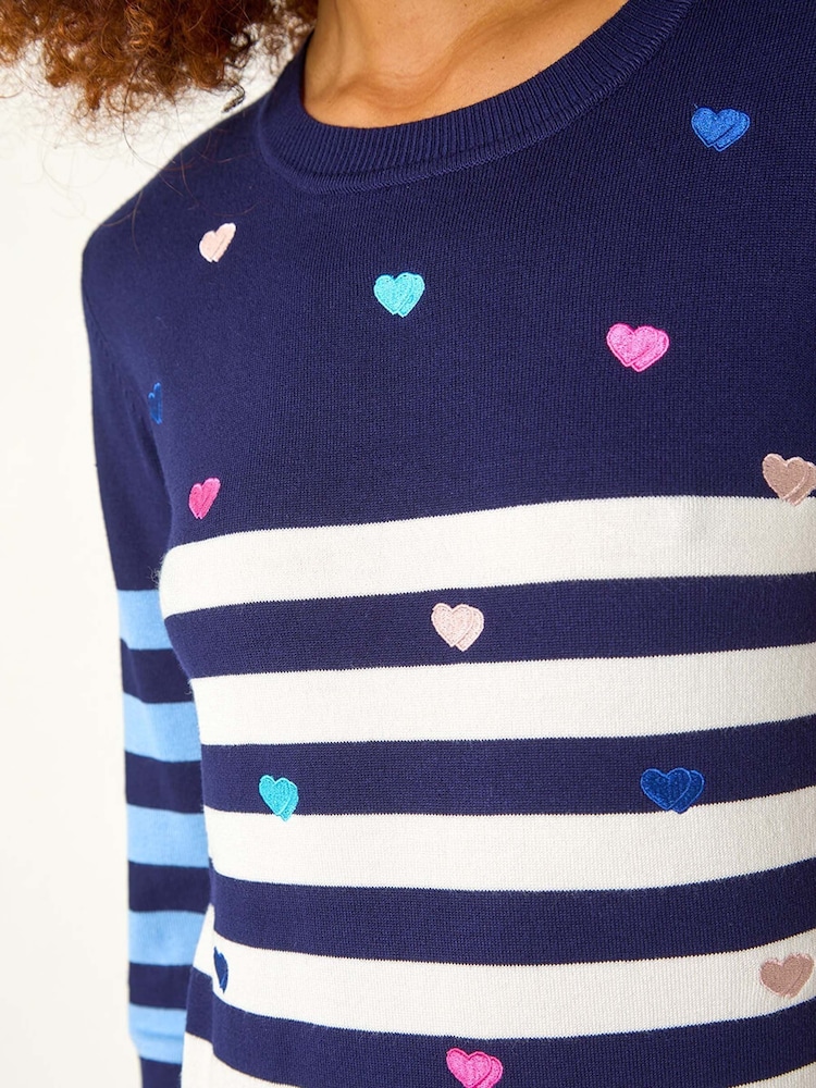 Roman Blue Stripe Heart Crew Neck Knit Jumper - Image 5 of 5
