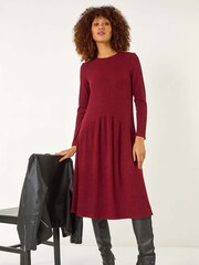 Roman Red Ribbed Drop Waist Stretch Midi Dress - Image 1 of 5