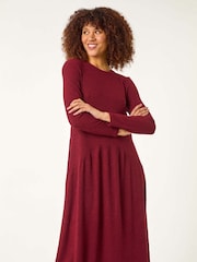 Roman Red Ribbed Drop Waist Stretch Midi Dress - Image 2 of 5
