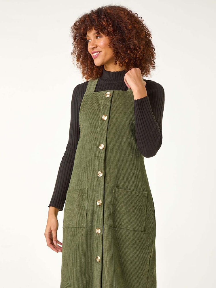 Roman Green Corduroy Pinafore Midi 100% Cotton Dress - Image 2 of 5
