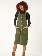 Roman Green Corduroy Pinafore Midi 100% Cotton Dress - Image 3 of 5