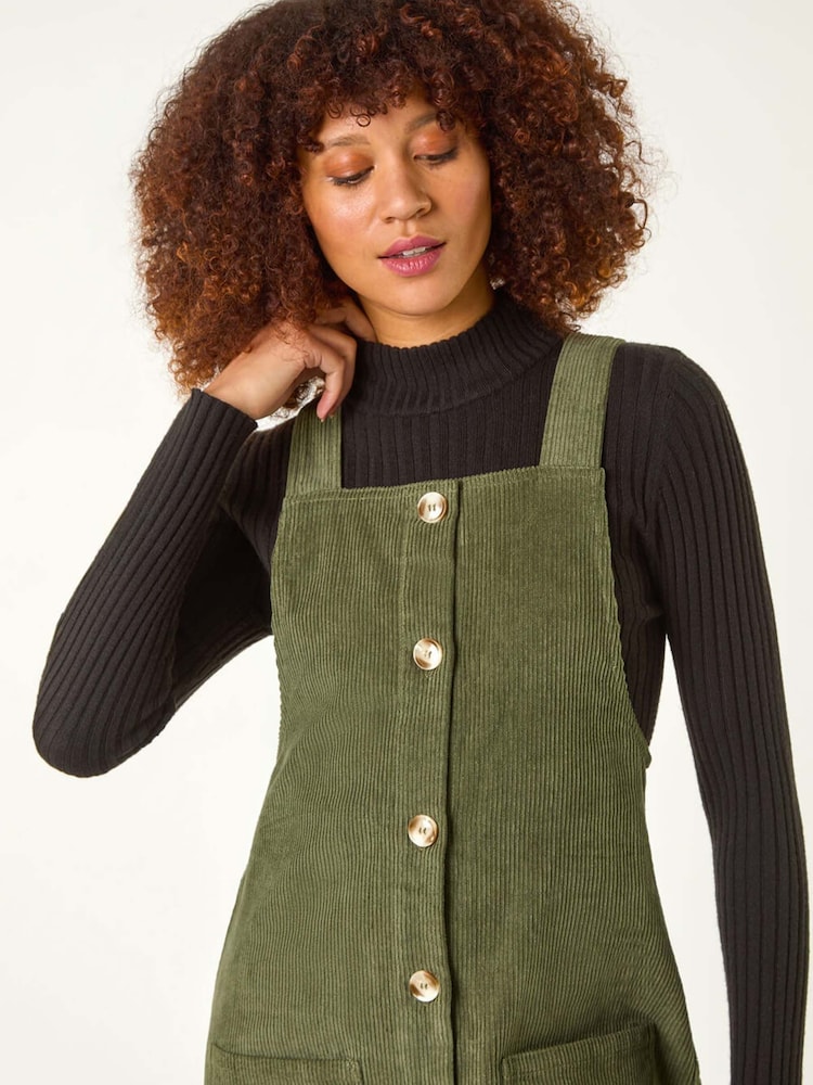 Roman Green Corduroy Pinafore Midi 100% Cotton Dress - Image 4 of 5