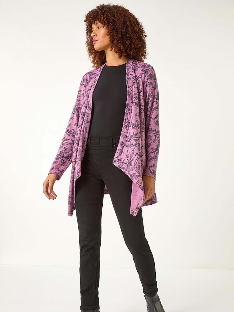 Roman Pink Linear Floral Print Gathered Cardigan - Image 1 of 5
