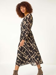 Roman Black Slash Print Belted Midi Dress - Image 1 of 5