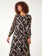 Roman Black Slash Print Belted Midi Dress - Image 2 of 5