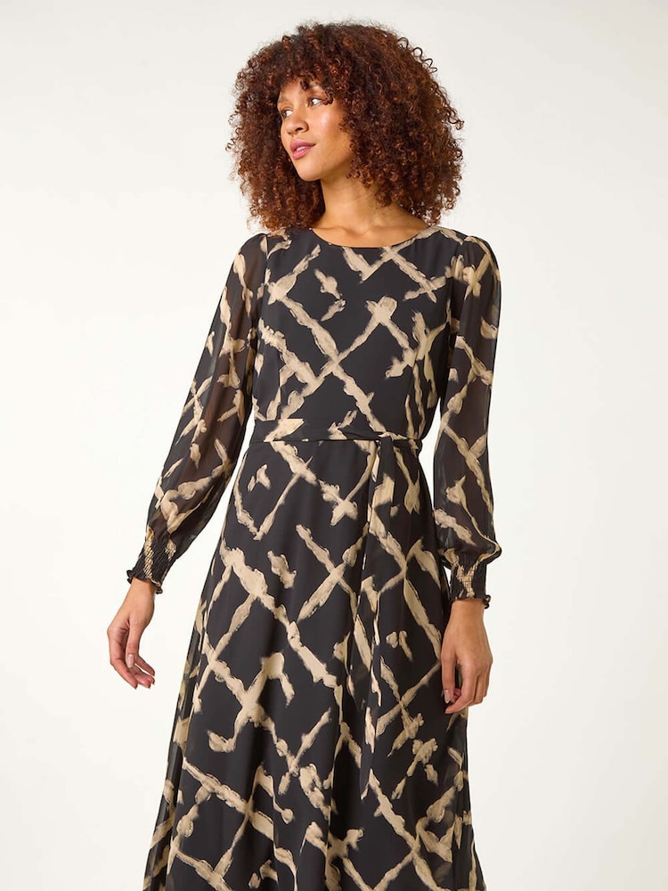 Roman Black Slash Print Belted Midi Dress - Image 2 of 5