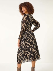 Roman Black Slash Print Belted Midi Dress - Image 3 of 5
