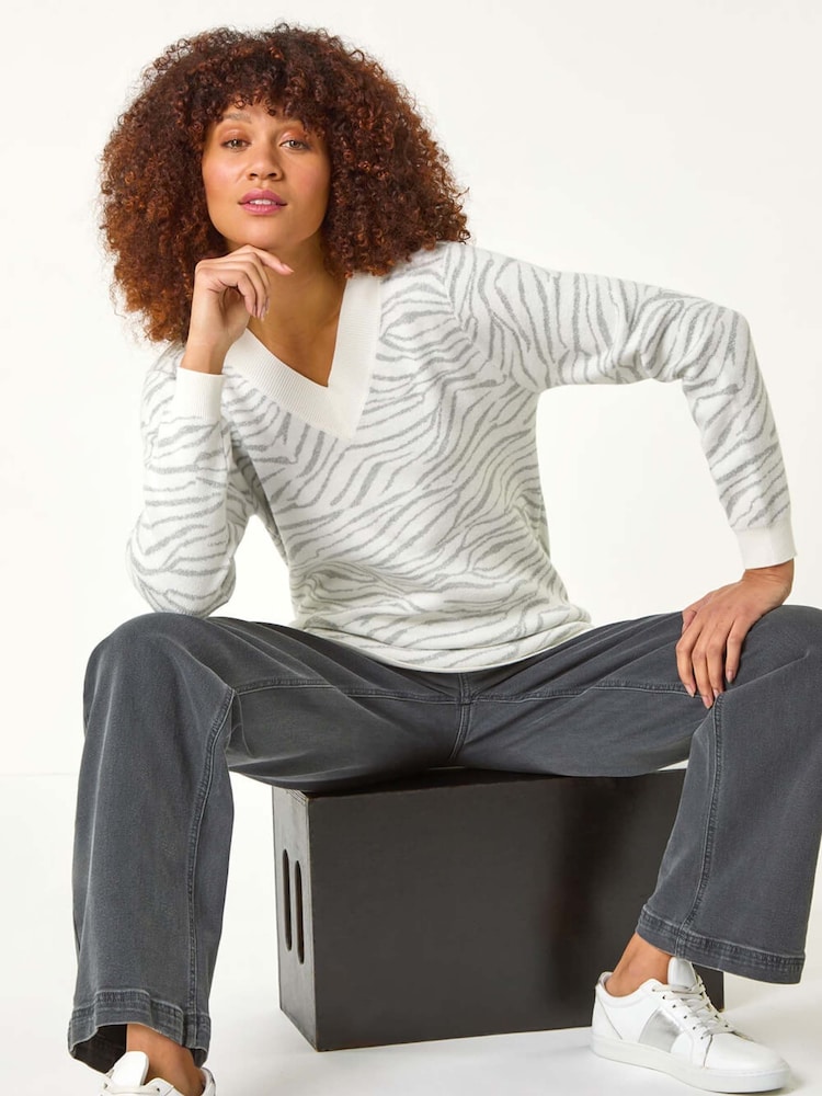 Roman Grey Animal Contrast Print Knit Jumper - Image 1 of 5