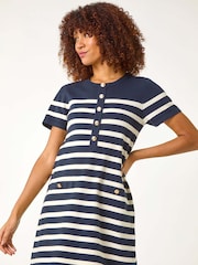 Azul - Roman Stripe de evasê com botões e listras Dress - Imagem 1 de 5