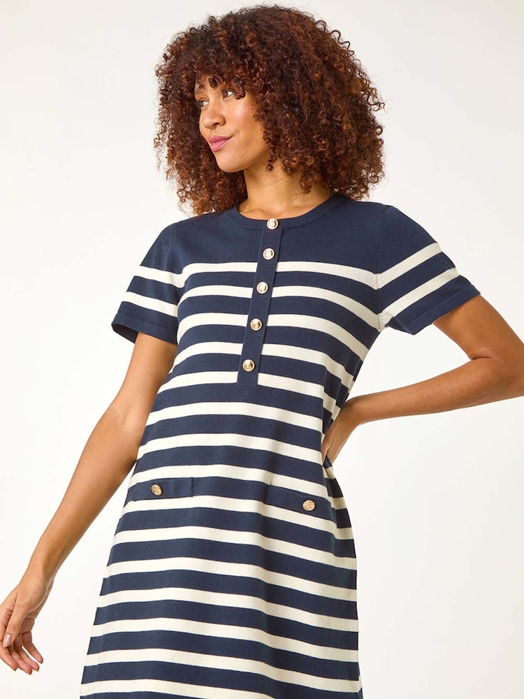 Azul - Roman Stripe de evasê com botões e listras Dress - Imagem 1 de 5