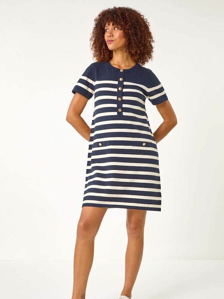 Azul - Roman Stripe de evasê com botões e listras Dress - Imagem 2 de 5