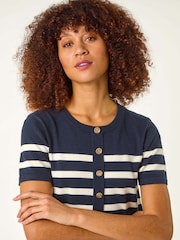 Azul - Roman Stripe de evasê com botões e listras Dress - Imagem 4 de 5