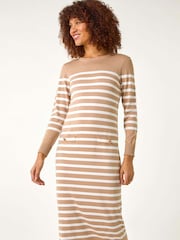 Natural - Vestido midi de malha com estampa de listras romanas - Imagem 4 de 5