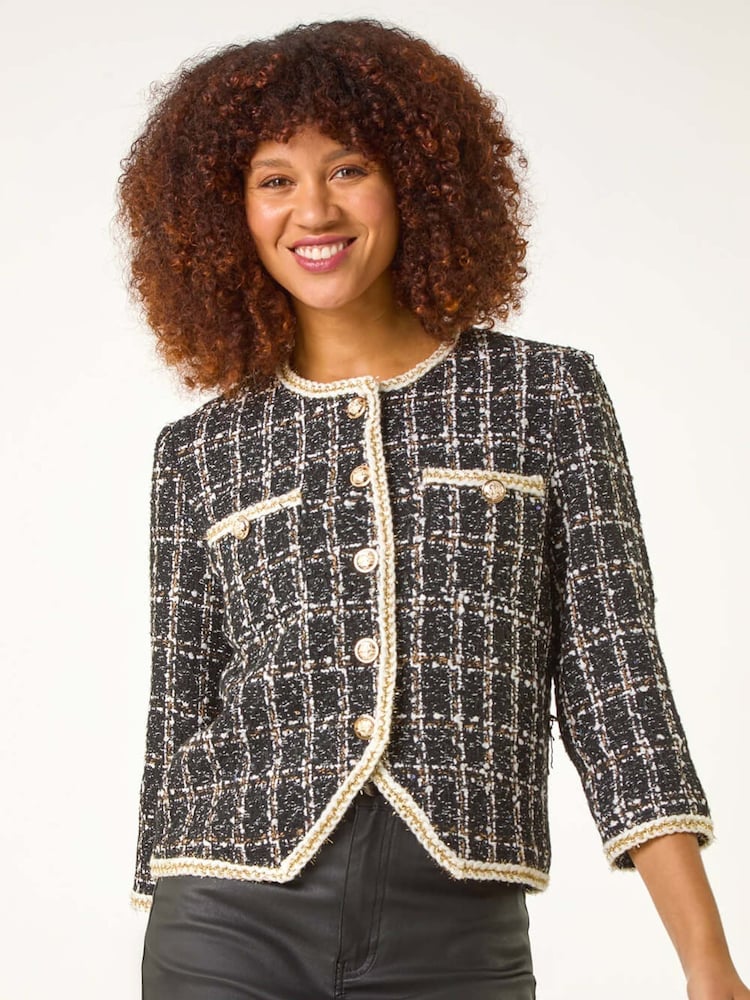 Roman Black Textured Check Button Front Pocket Jacket - Image 2 of 5