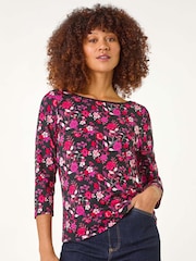 Roman Pink Floral Print Contrast Trim Top - Image 1 of 5