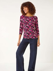 Roman Pink Floral Print Contrast Trim Top - Image 2 of 5