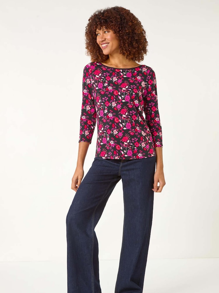 Roman Pink Floral Print Contrast Trim Top - Image 2 of 5