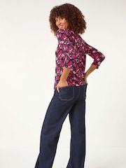 Roman Pink Floral Print Contrast Trim Top - Image 3 of 5