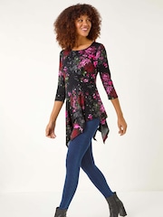 Roman Red Floral Print Hanky Hem Stretch Top - Image 1 of 5