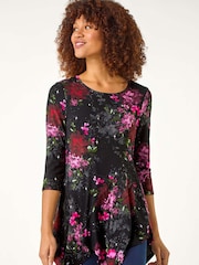 Roman Red Floral Print Hanky Hem Stretch Top - Image 2 of 5