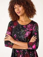 Roman Red Floral Print Hanky Hem Stretch Top - Image 4 of 5