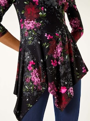 Roman Red Floral Print Hanky Hem Stretch Top - Image 5 of 5