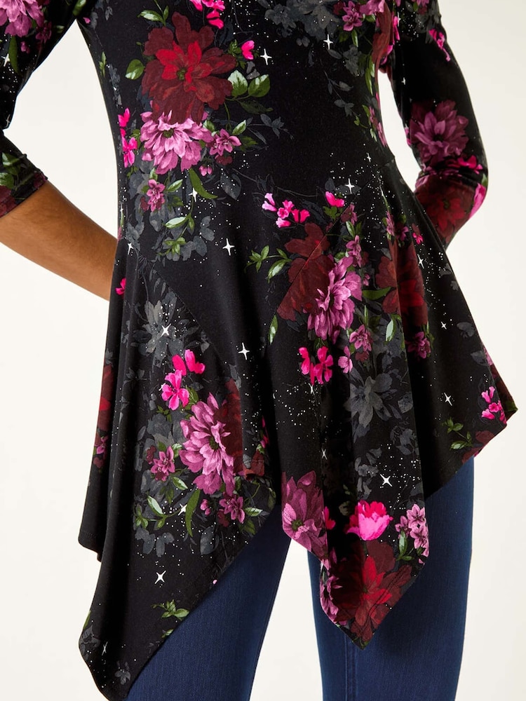 Roman Red Floral Print Hanky Hem Stretch Top - Image 5 of 5