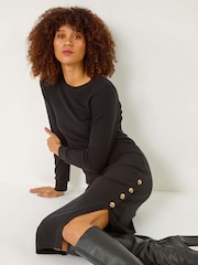 Roman Black Ribbed Button Detail Midi Dress - Image 1 of 5
