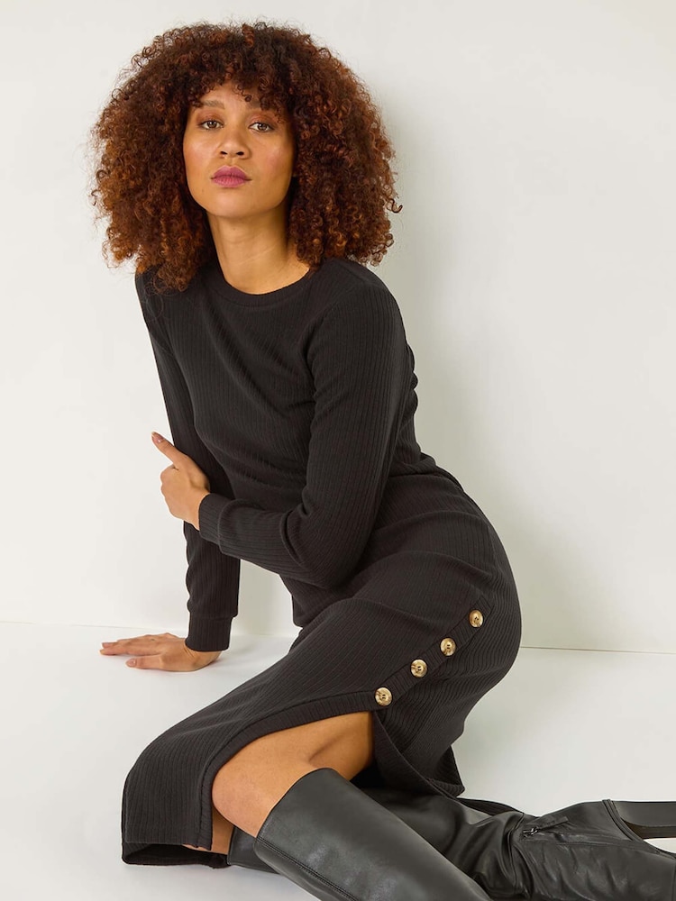 Roman Black Ribbed Button Detail Midi Dress - Image 1 of 5 Roman Black Ribbed Button Detail Midi Dress - Image 1 of 5