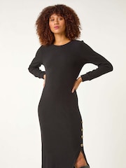 Roman Black Ribbed Button Detail Midi Dress - Image 2 of 5