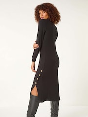Roman Black Ribbed Button Detail Midi Dress - Image 3 of 5