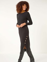 Roman Black Ribbed Button Detail Midi Dress - Image 4 of 5