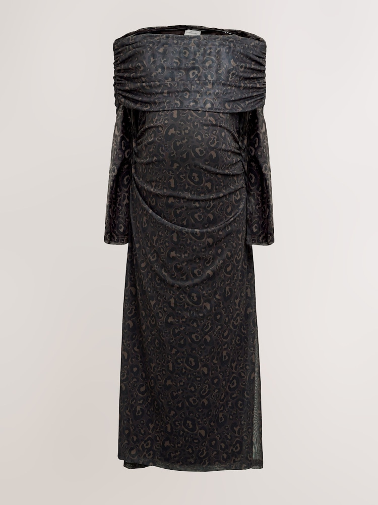 Animal Maternity Mesh Bardot Dress - Image 2 of 5 Animal Maternity Mesh Bardot Dress - Image 2 of 5