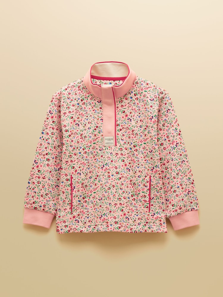 Joules Girls' Burnham Pink Floral Funnel Neck Sweatshirt - Image 1 of 5