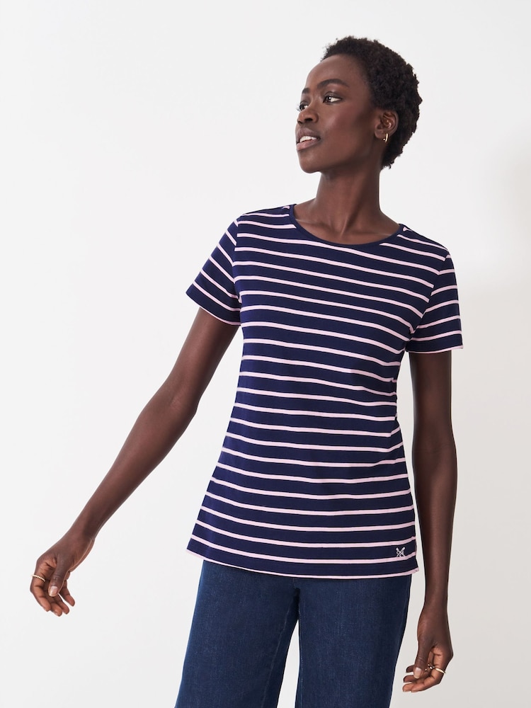 Crew Clothing Company Blue/Pink Breton Striped 100% Cotton T-Shirt - Image 1 of 5