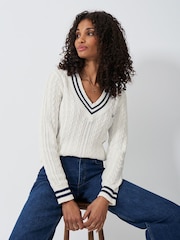 Crew Clothing Natural Cricket Cable Knit 100% Cotton Jumper - Image 1 of 5