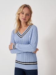 Crew Clothing Blue Cricket Cable Knit 100% Cotton Jumper - Image 1 of 5