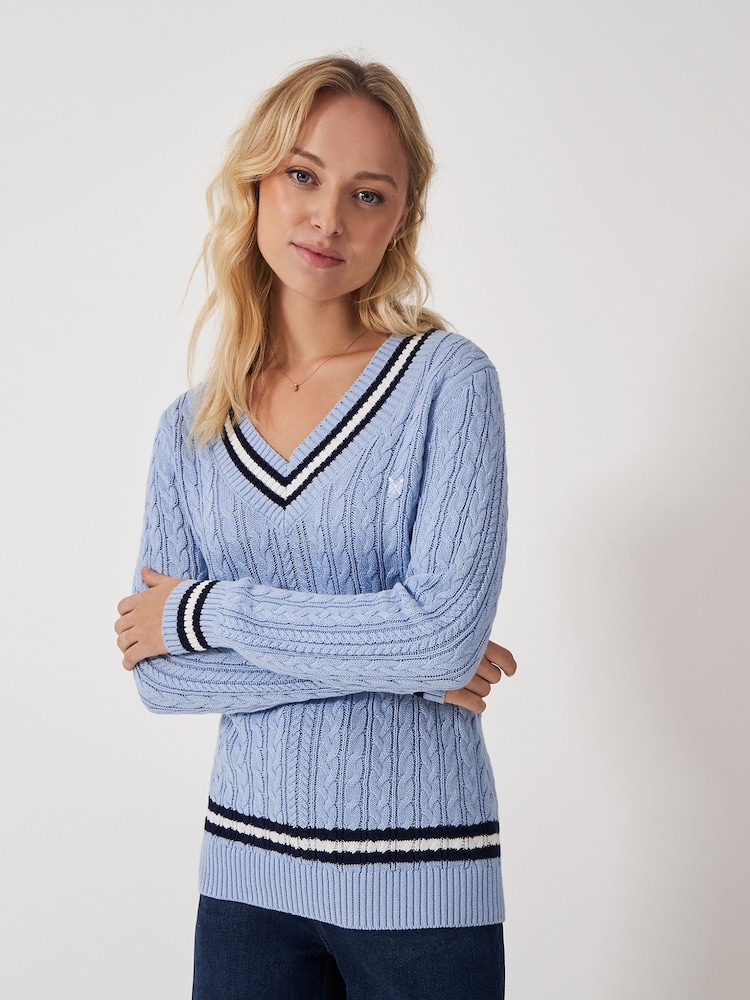 Crew Clothing Blue Cricket Cable Knit 100% Cotton Jumper - Image 1 of 5