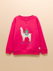 Joules Girls' Mackenzie Bright Pink Embroidered Artwork Sweatshirt With Faux Faur Lining - Image 1 of 4