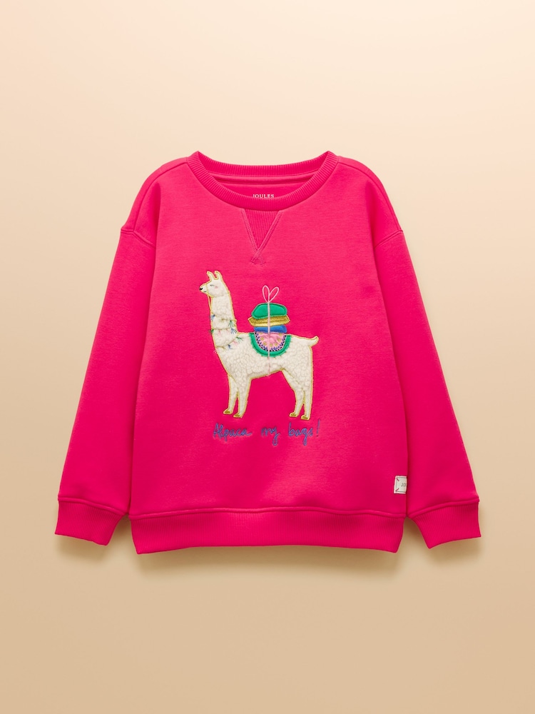 Joules Girls' Mackenzie Bright Pink Embroidered Artwork Sweatshirt With Faux Faur Lining - Image 1 of 4