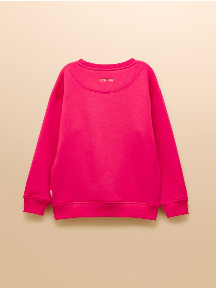 Joules Girls' Mackenzie Bright Pink Embroidered Artwork Sweatshirt With Faux Faur Lining - Image 2 of 4